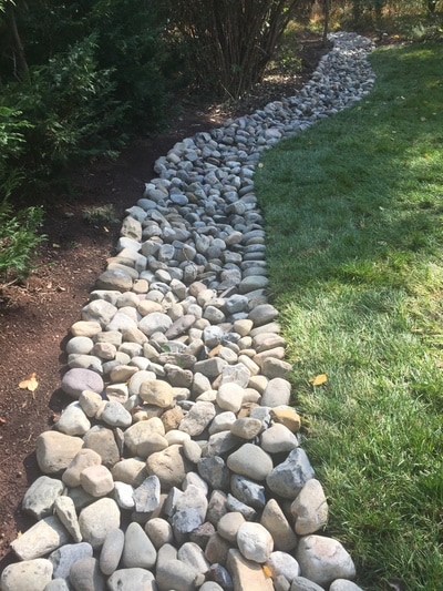 Drainage swale with riverrock. 