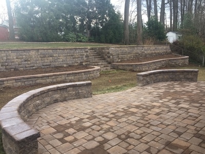 Paver patio.  Paver wallstone seating walls with capstone.  Paver retaining walls with raised beds. 