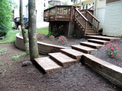Paver retaining walls.  Paver deck steps with bullnose. 